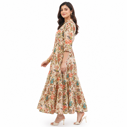 Women Cotton Tropical Floral Printed Tiered V Neck Long Dress