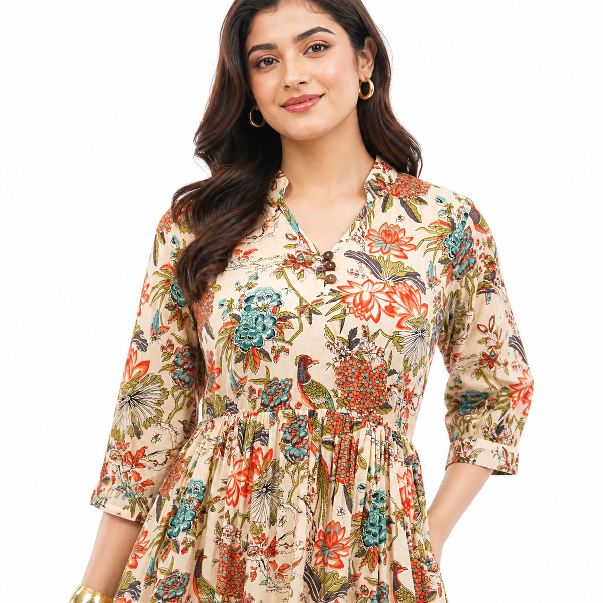 Women Cotton Tropical Floral Printed Tiered V Neck Long Dress