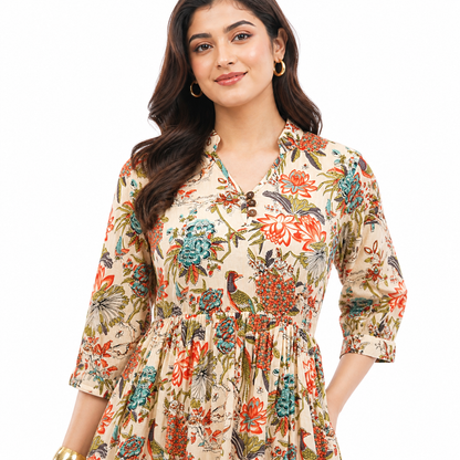 Women Cotton Tropical Floral Printed Tiered V Neck Long Dress
