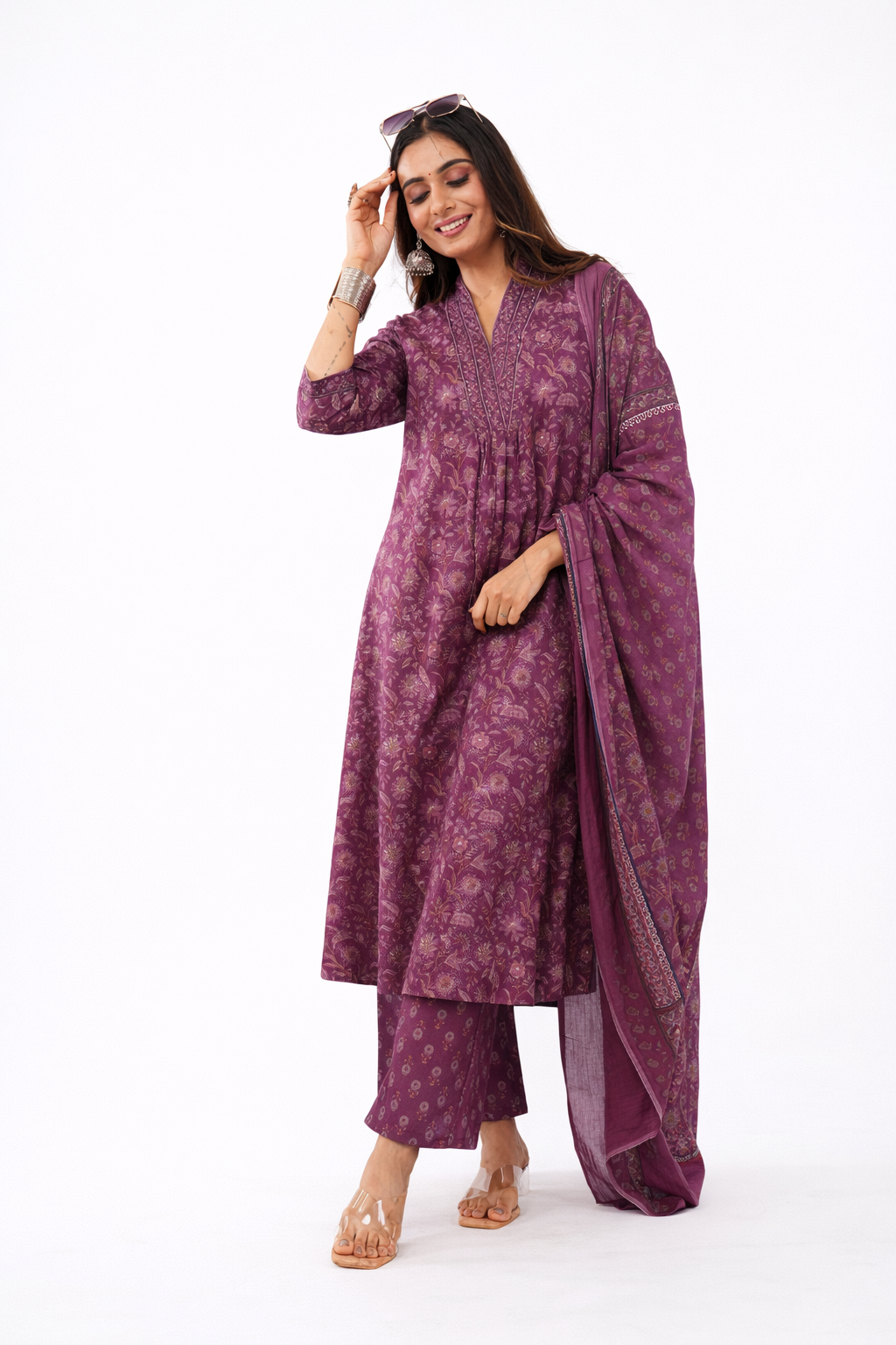 Women Cotton Ethnic Wine Printed Anarkali Style 3 Piece Kurti Palazzo Set With Dupatta