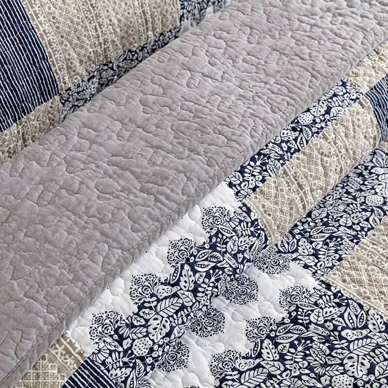 Grey Patchwork Printed Cotton 3 Piece Bedspread Bedding Set - Adore India   