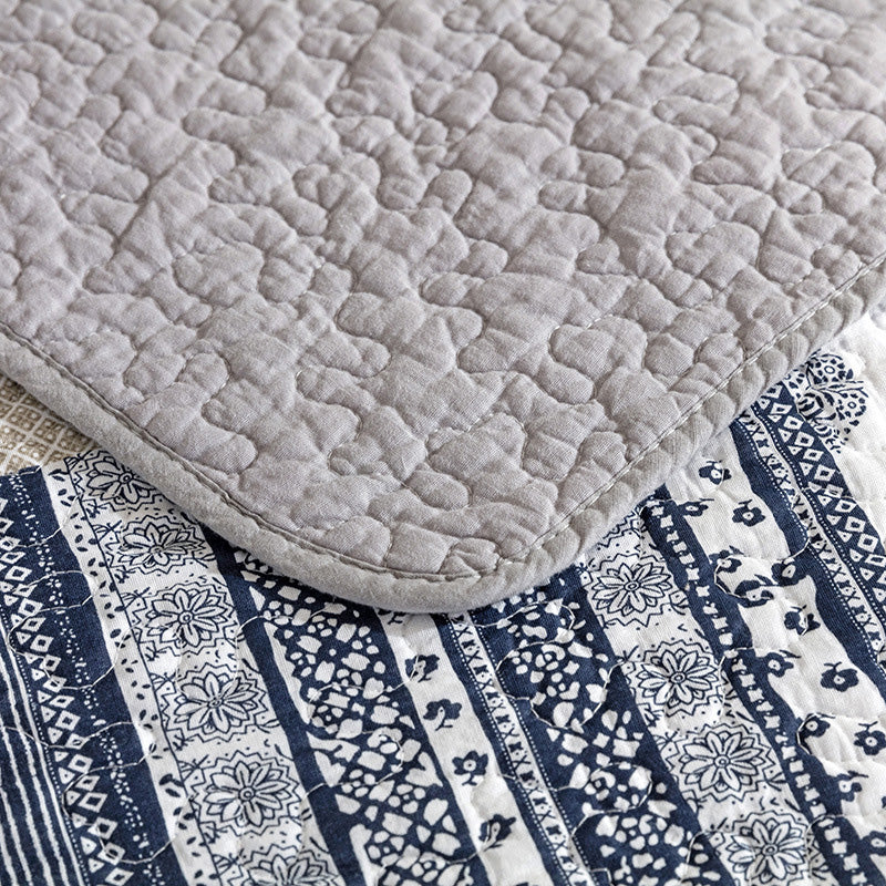 Grey Patchwork Printed Cotton 3 Piece Bedspread Bedding Set - Adore India   