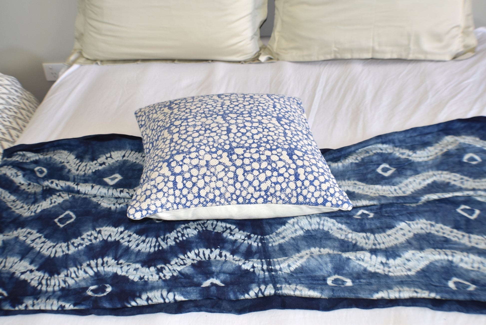 Indigo Cells Block Print Cotton Dari Cushion Cover 45cm - Adore India   