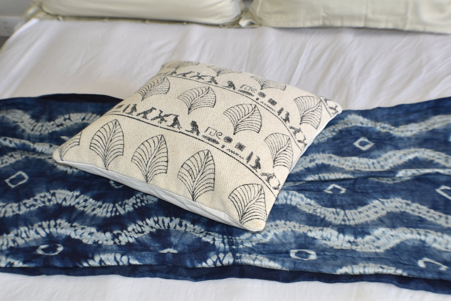 Leafy Block Print Cotton Dari Cushion Cover 45cm - Adore India   