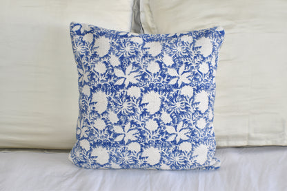 Indigo Flower Block Print Cotton Dari Cushion Cover 45cm - Adore India   