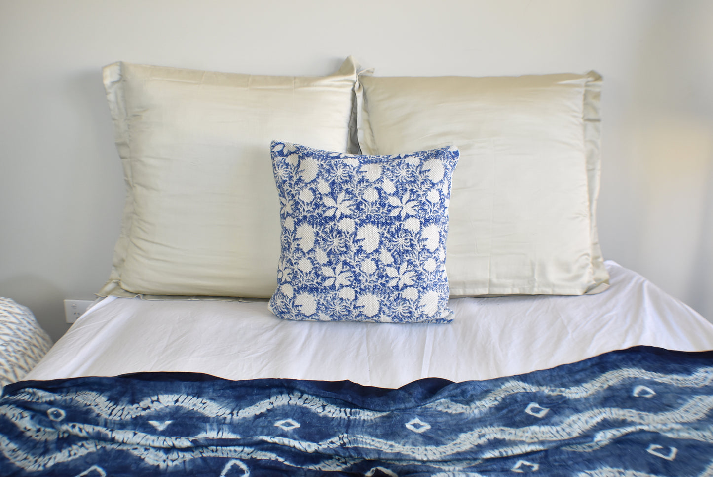 Indigo Flower Block Print Cotton Dari Cushion Cover 45cm - Adore India   