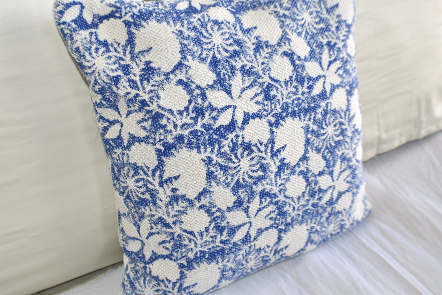 Indigo Flower Block Print Cotton Dari Cushion Cover 45cm - Adore India   