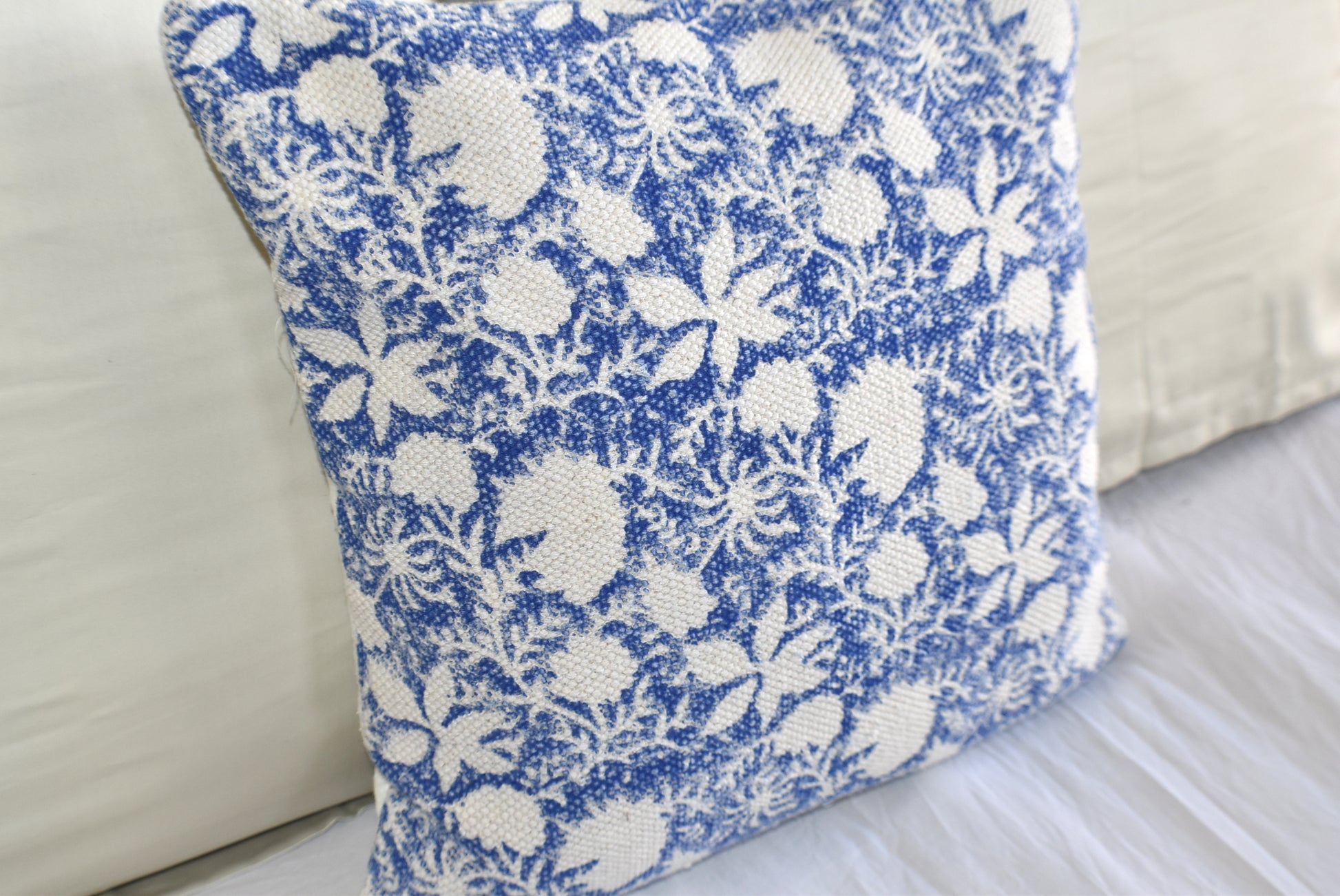 Indigo Flower Block Print Cotton Dari Cushion Cover 45cm - Adore India   