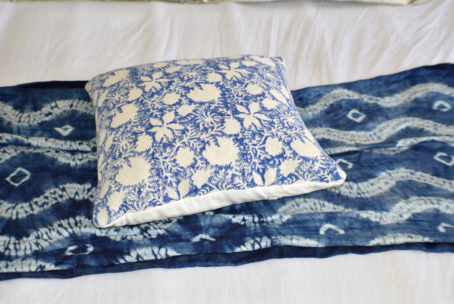Indigo Flower Block Print Cotton Dari Cushion Cover 45cm - Adore India   