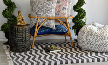 Handmade Zigzag B&W Block Print Cotton Dhurrie Carpet - Adore India   