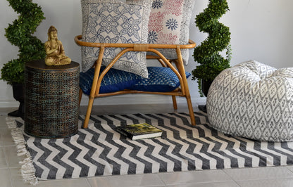 Handmade Zigzag B&W Block Print Cotton Dhurrie Carpet - Adore India   