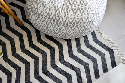 Handmade Zigzag B&W Block Print Cotton Dhurrie Carpet - Adore India   
