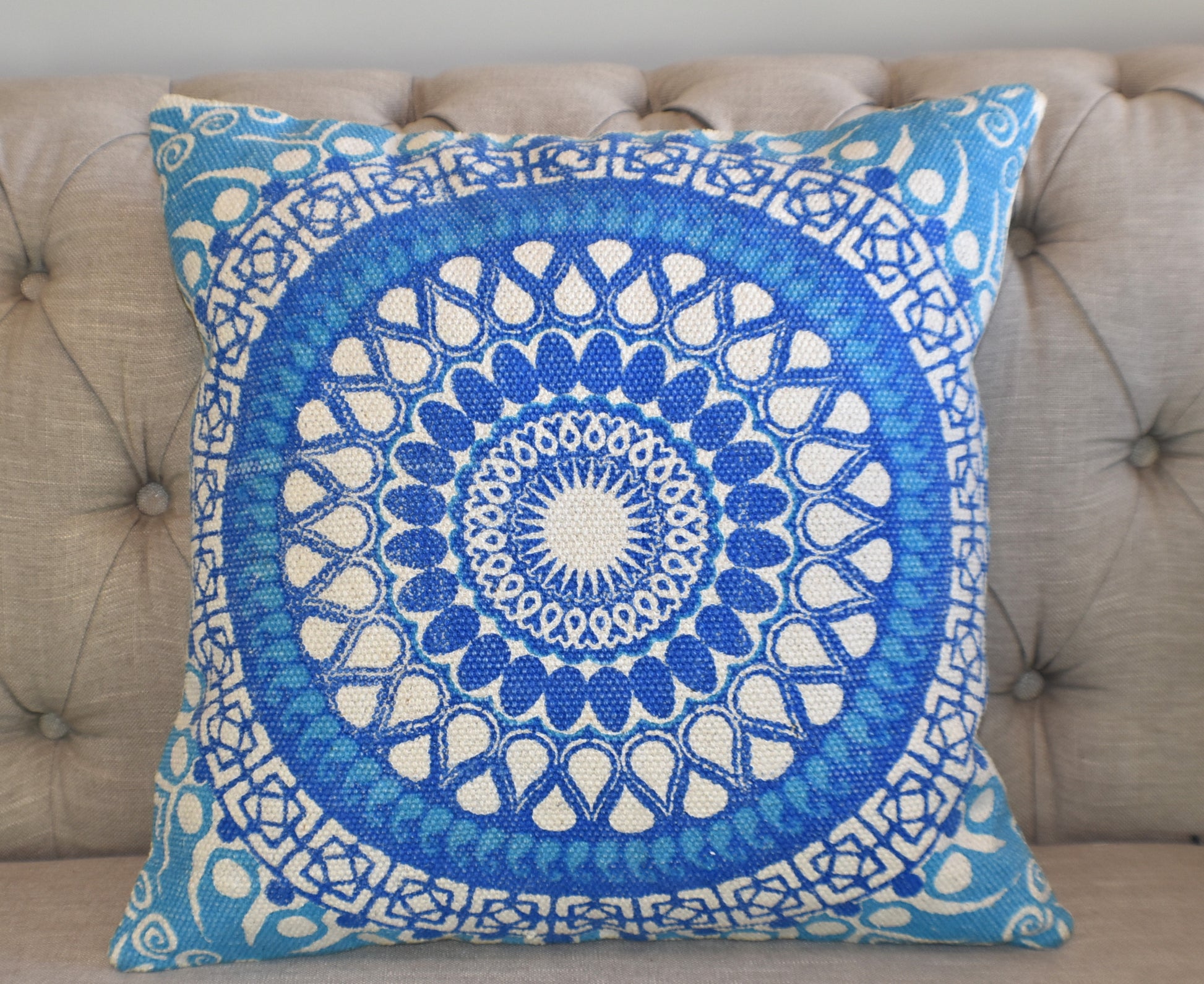Block Print Blue Daisy Mandala Dari Cushion 50 cms - Adore India   
