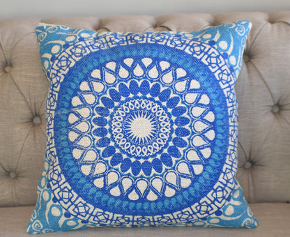 Block Print Blue Daisy Mandala Dari Cushion 50 cms - Adore India   