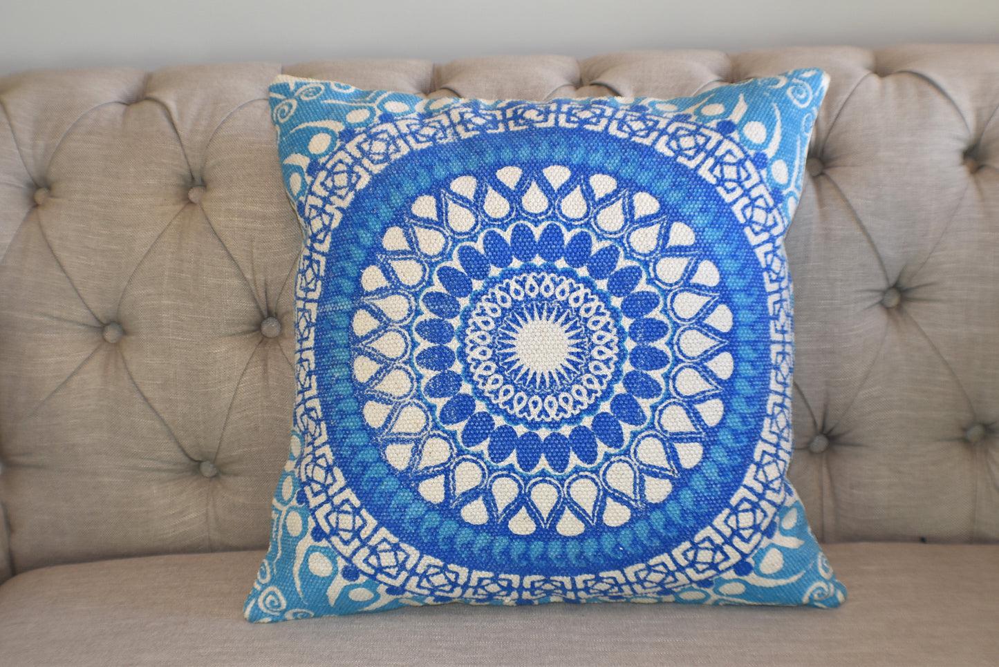 Block Print Blue Daisy Mandala Dari Cushion 50 cms - Adore India   