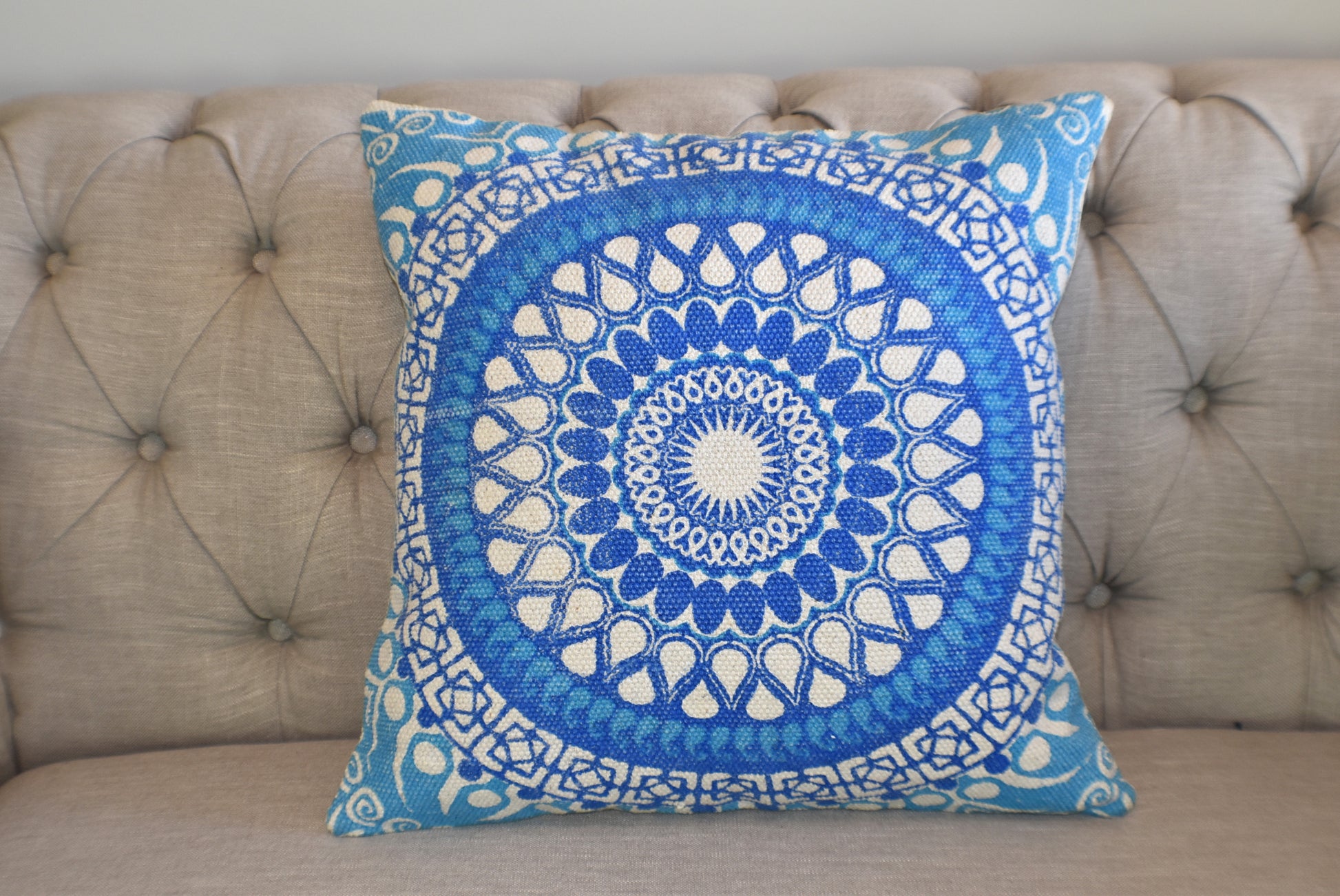 Block Print Blue Daisy Mandala Dari Cushion 50 cms - Adore India   