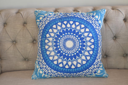 Block Print Blue Daisy Mandala Dari Cushion 50 cms - Adore India   