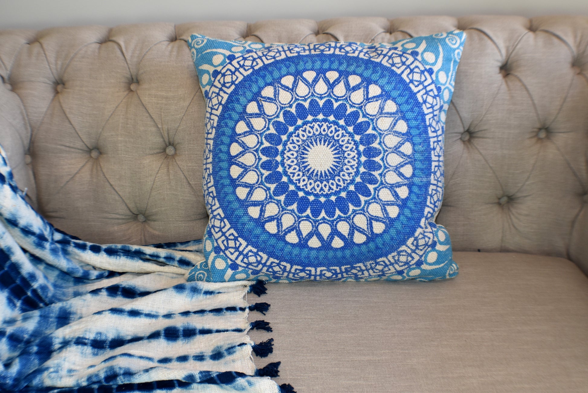 Block Print Blue Daisy Mandala Dari Cushion 50 cms - Adore India   