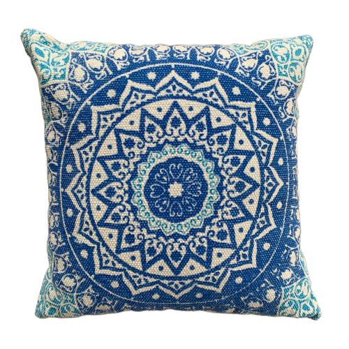 Block Print Blue Daisy Mandala Dari Cushion 50 cms - Adore India   