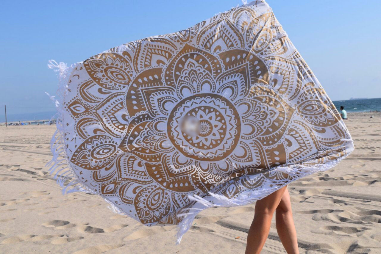 Passion Gold Mandala Beach Round Throw - Adore India   