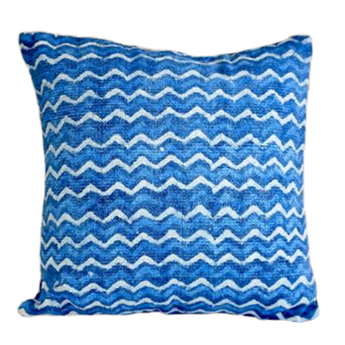 Indigo Zigzag Block Print Cotton Dari Cushion Cover 45cm - Adore India   