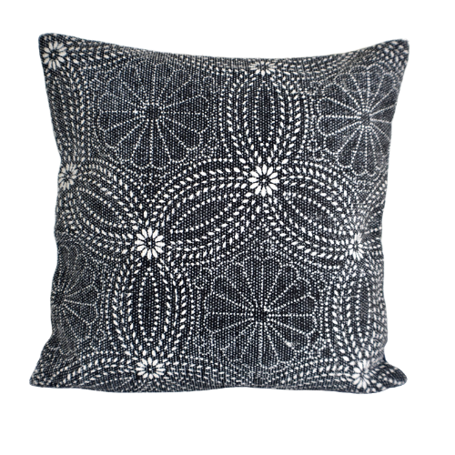 Cotton Black Flower Block Print Cotton Dari Cushion Cover 45cm - Adore India   