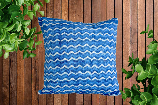 Indigo Zigzag Block Print Cotton Dari Cushion Cover 45cm - Adore India   