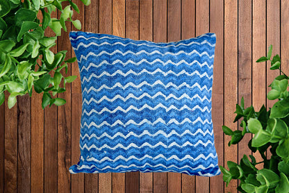Indigo Zigzag Block Print Cotton Dari Cushion Cover 45cm - Adore India   