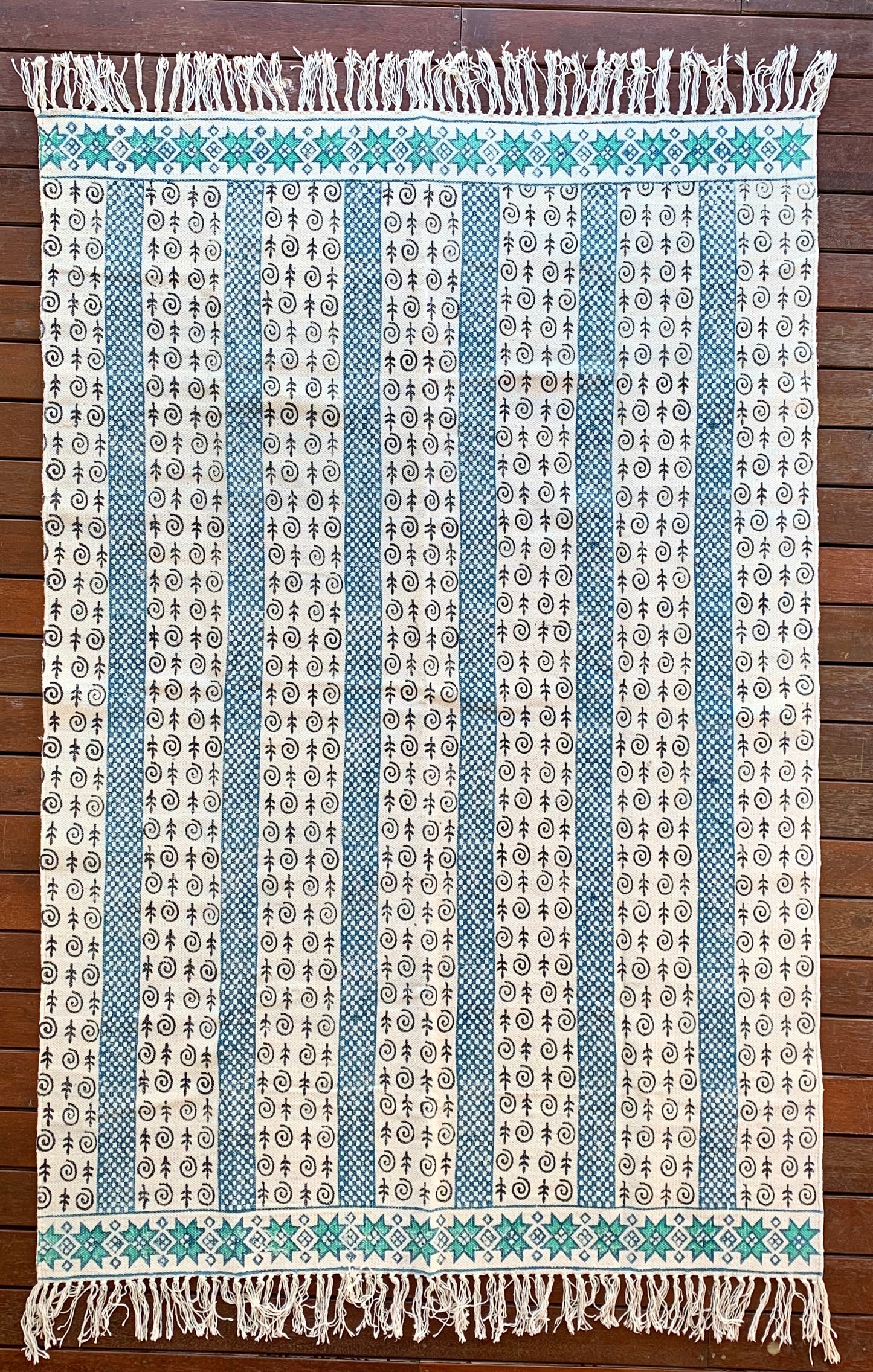 Handmade Beautiful Sarcelle Block Print Cotton Dari Carpet Serenity - Adore India   
